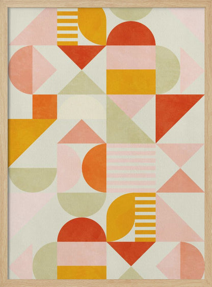 A framed piece of abstract geometric art featuring a grid pattern of shapes in a warm color palette. The design includes triangles, semicircles, and rectangles in shades of orange, yellow, pink, and sage green on a light cream background, creating a modern and playful composition. Poster