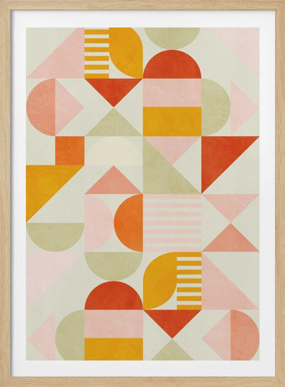 A framed piece of abstract geometric art featuring a grid pattern of shapes in a warm color palette. The design includes triangles, semicircles, and rectangles in shades of orange, yellow, pink, and sage green on a light cream background, creating a modern and playful composition. Poster
