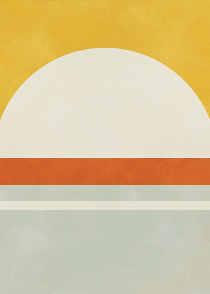 A framed abstract art print featuring geometric shapes. The top third is a solid golden yellow. Below it is a large off-white semicircle. A thick, vibrant orange stripe runs horizontally across the middle, and the bottom section consists of muted blue-grey and a thin off-white stripe, creating a minimalist landscape feel. Decor