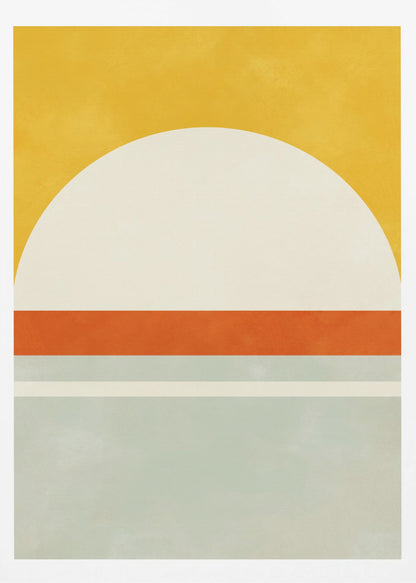 A framed abstract art print featuring geometric shapes. The top third is a solid golden yellow. Below it is a large off-white semicircle. A thick, vibrant orange stripe runs horizontally across the middle, and the bottom section consists of muted blue-grey and a thin off-white stripe, creating a minimalist landscape feel. Decor
