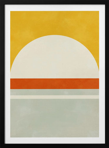 A framed abstract art print featuring geometric shapes. The top third is a solid golden yellow. Below it is a large off-white semicircle. A thick, vibrant orange stripe runs horizontally across the middle, and the bottom section consists of muted blue-grey and a thin off-white stripe, creating a minimalist landscape feel. Decor