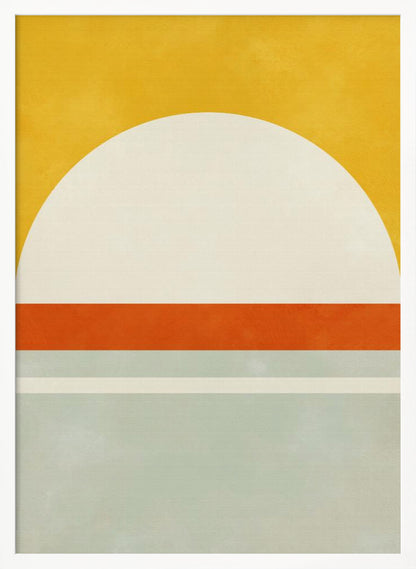 A framed abstract art print featuring geometric shapes. The top third is a solid golden yellow. Below it is a large off-white semicircle. A thick, vibrant orange stripe runs horizontally across the middle, and the bottom section consists of muted blue-grey and a thin off-white stripe, creating a minimalist landscape feel. Decor