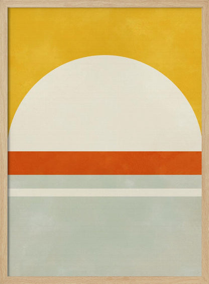 A framed abstract art print featuring geometric shapes. The top third is a solid golden yellow. Below it is a large off-white semicircle. A thick, vibrant orange stripe runs horizontally across the middle, and the bottom section consists of muted blue-grey and a thin off-white stripe, creating a minimalist landscape feel. Decor