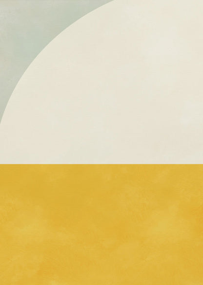 A minimalist abstract art print in a black frame. The design is color-blocked, with the bottom half a solid, textured mustard yellow. The top half is off-white, with a large white arc curving in from the top left corner, which is a pale sage green. Decor