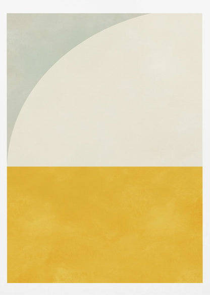 A minimalist abstract art print in a black frame. The design is color-blocked, with the bottom half a solid, textured mustard yellow. The top half is off-white, with a large white arc curving in from the top left corner, which is a pale sage green. Decor