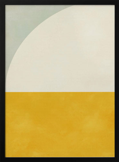 A minimalist abstract art print in a black frame. The design is color-blocked, with the bottom half a solid, textured mustard yellow. The top half is off-white, with a large white arc curving in from the top left corner, which is a pale sage green. Decor
