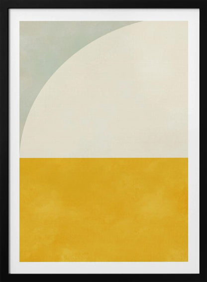 A minimalist abstract art print in a black frame. The design is color-blocked, with the bottom half a solid, textured mustard yellow. The top half is off-white, with a large white arc curving in from the top left corner, which is a pale sage green. Decor