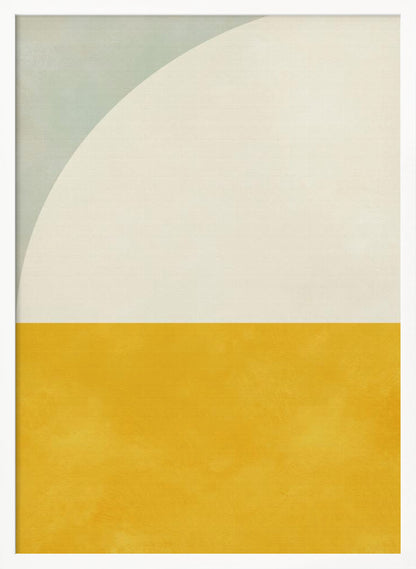 A minimalist abstract art print in a black frame. The design is color-blocked, with the bottom half a solid, textured mustard yellow. The top half is off-white, with a large white arc curving in from the top left corner, which is a pale sage green. Decor