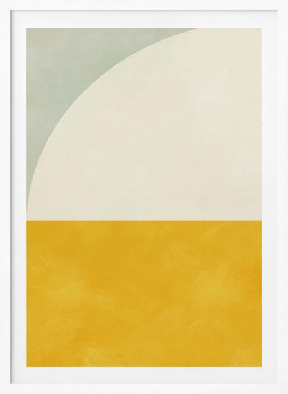 A minimalist abstract art print in a black frame. The design is color-blocked, with the bottom half a solid, textured mustard yellow. The top half is off-white, with a large white arc curving in from the top left corner, which is a pale sage green. Decor