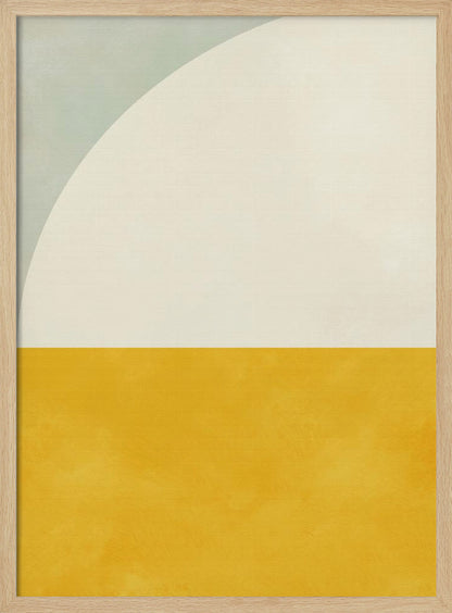 A minimalist abstract art print in a black frame. The design is color-blocked, with the bottom half a solid, textured mustard yellow. The top half is off-white, with a large white arc curving in from the top left corner, which is a pale sage green. Decor