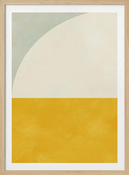 A minimalist abstract art print in a black frame. The design is color-blocked, with the bottom half a solid, textured mustard yellow. The top half is off-white, with a large white arc curving in from the top left corner, which is a pale sage green. Decor
