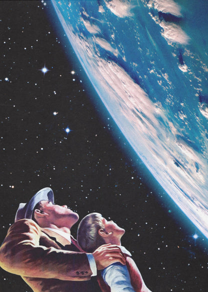 A vintage-style illustration of a father and son in space, looking up in wonder at a large, brightly lit planet Earth against a backdrop of stars. Wall Art