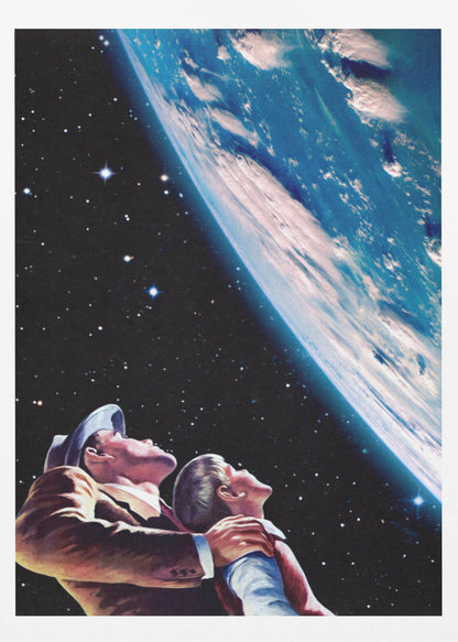 A vintage-style illustration of a father and son in space, looking up in wonder at a large, brightly lit planet Earth against a backdrop of stars. Wall Art
