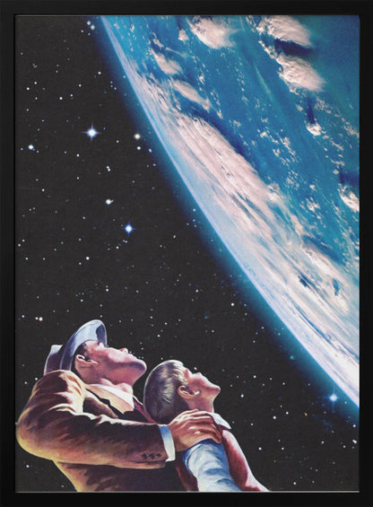A vintage-style illustration of a father and son in space, looking up in wonder at a large, brightly lit planet Earth against a backdrop of stars. Wall Art