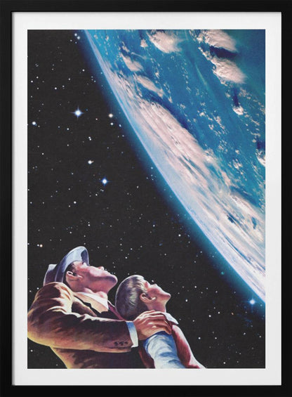 A vintage-style illustration of a father and son in space, looking up in wonder at a large, brightly lit planet Earth against a backdrop of stars. Wall Art