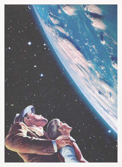 A vintage-style illustration of a father and son in space, looking up in wonder at a large, brightly lit planet Earth against a backdrop of stars. Wall Art