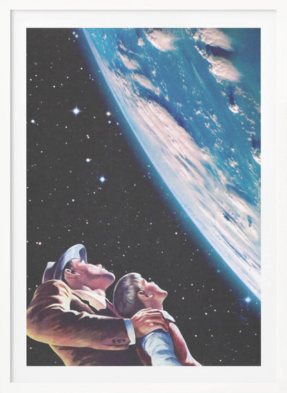 A vintage-style illustration of a father and son in space, looking up in wonder at a large, brightly lit planet Earth against a backdrop of stars. Wall Art
