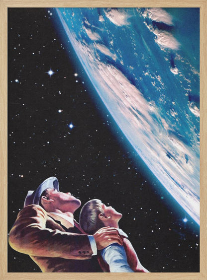 A vintage-style illustration of a father and son in space, looking up in wonder at a large, brightly lit planet Earth against a backdrop of stars. Wall Art