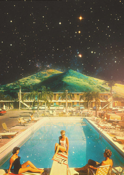 A surreal collage featuring a vintage scene of people lounging by a motel pool, juxtaposed against a backdrop of a massive green mountain and a dark, star-filled night sky. Wall Art
