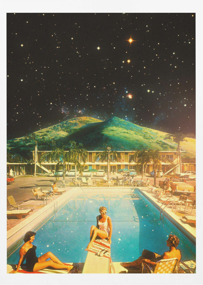 A surreal collage featuring a vintage scene of people lounging by a motel pool, juxtaposed against a backdrop of a massive green mountain and a dark, star-filled night sky. Wall Art