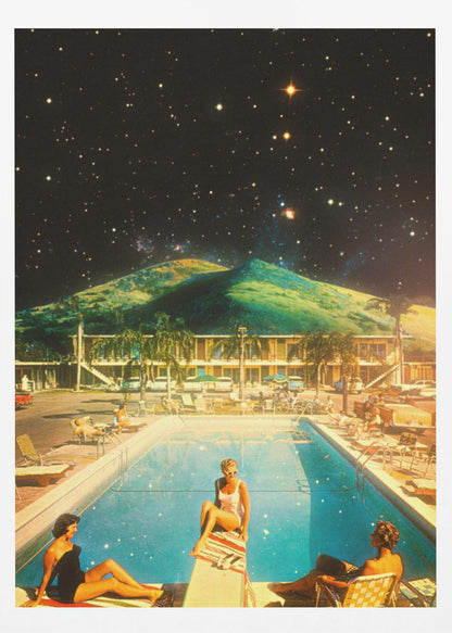 A surreal collage featuring a vintage scene of people lounging by a motel pool, juxtaposed against a backdrop of a massive green mountain and a dark, star-filled night sky. Wall Art