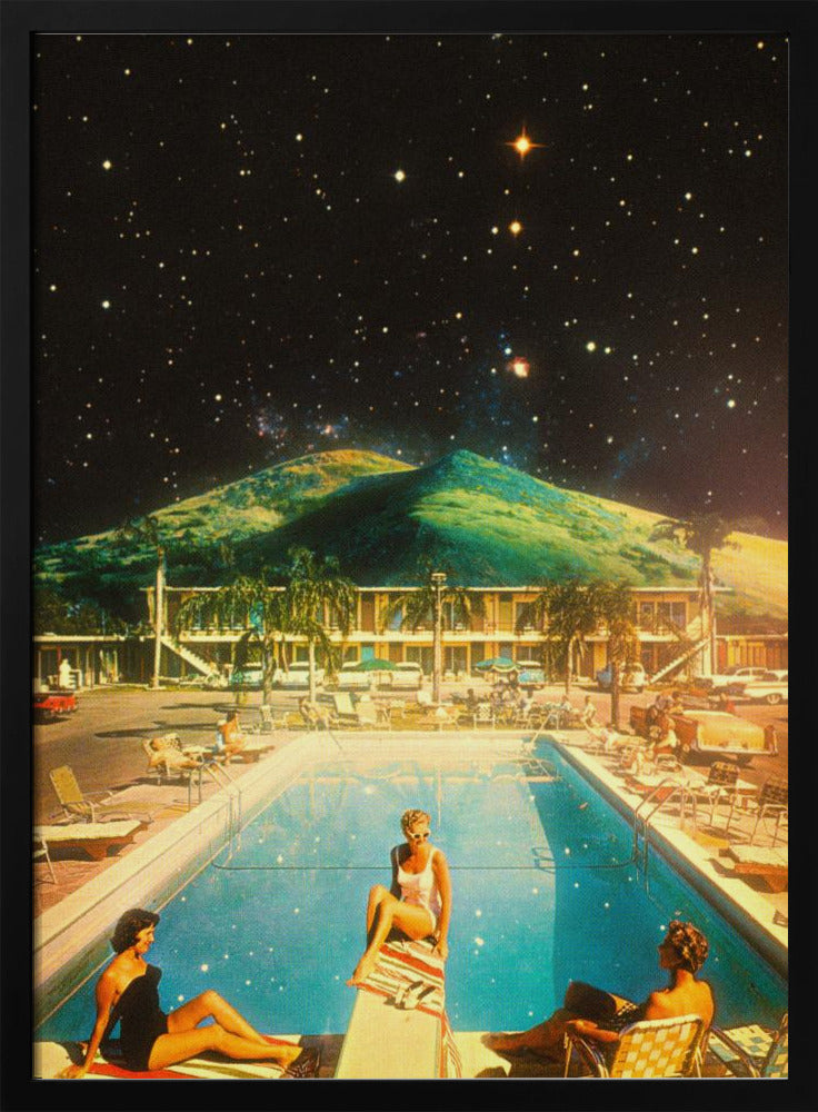 A surreal collage featuring a vintage scene of people lounging by a motel pool, juxtaposed against a backdrop of a massive green mountain and a dark, star-filled night sky. Wall Art