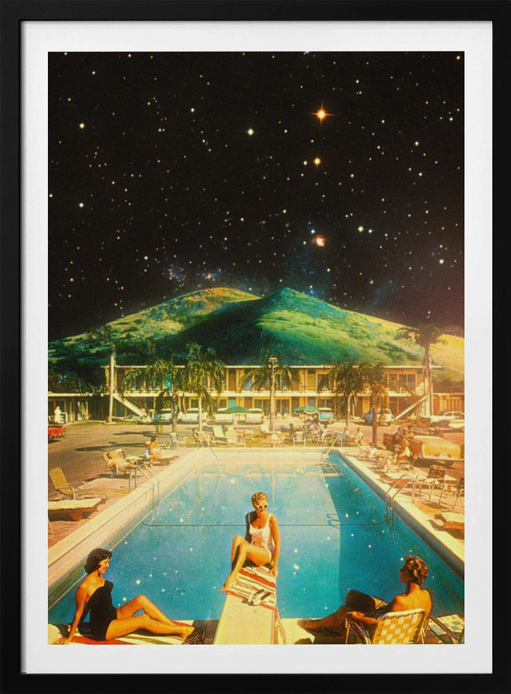 A surreal collage featuring a vintage scene of people lounging by a motel pool, juxtaposed against a backdrop of a massive green mountain and a dark, star-filled night sky. Wall Art