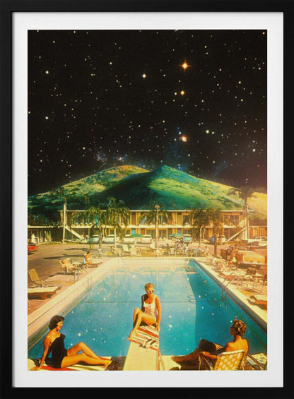 A surreal collage featuring a vintage scene of people lounging by a motel pool, juxtaposed against a backdrop of a massive green mountain and a dark, star-filled night sky. Wall Art