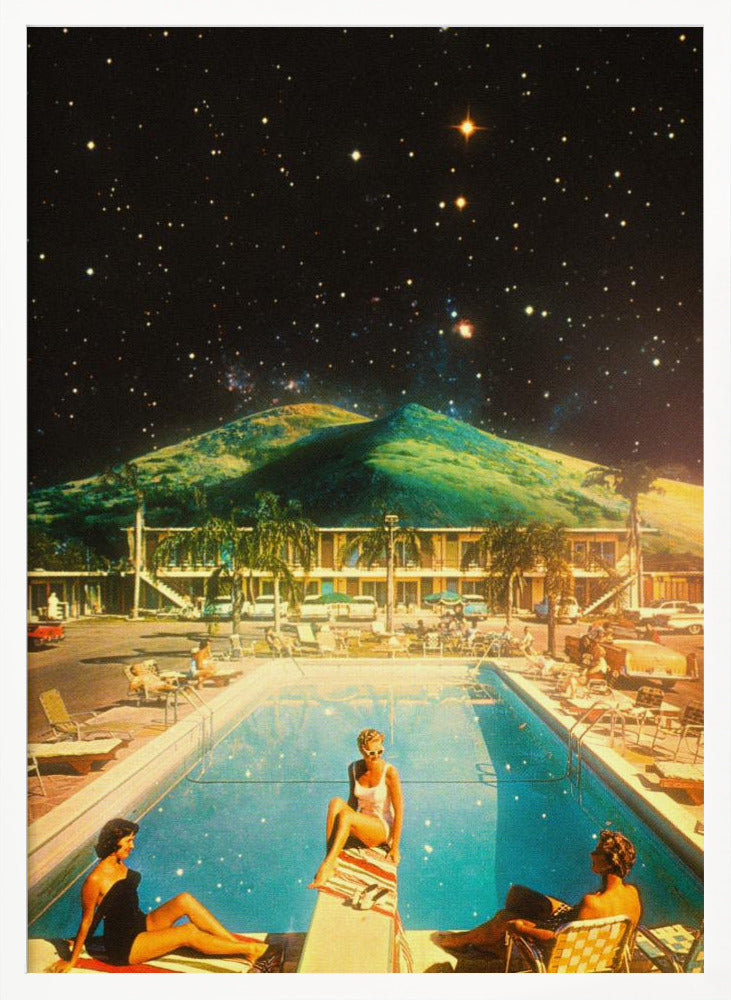 A surreal collage featuring a vintage scene of people lounging by a motel pool, juxtaposed against a backdrop of a massive green mountain and a dark, star-filled night sky. Wall Art