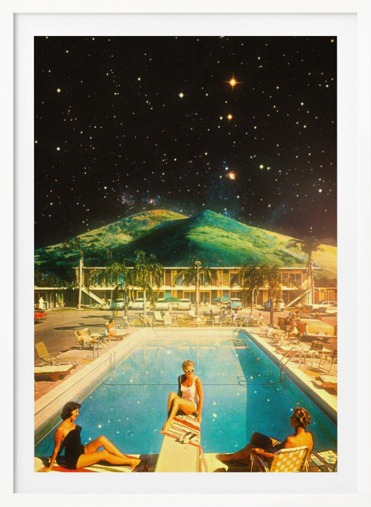 A surreal collage featuring a vintage scene of people lounging by a motel pool, juxtaposed against a backdrop of a massive green mountain and a dark, star-filled night sky. Wall Art