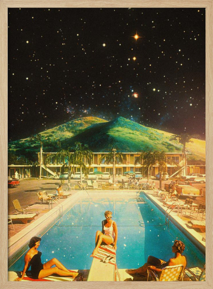 A surreal collage featuring a vintage scene of people lounging by a motel pool, juxtaposed against a backdrop of a massive green mountain and a dark, star-filled night sky. Wall Art