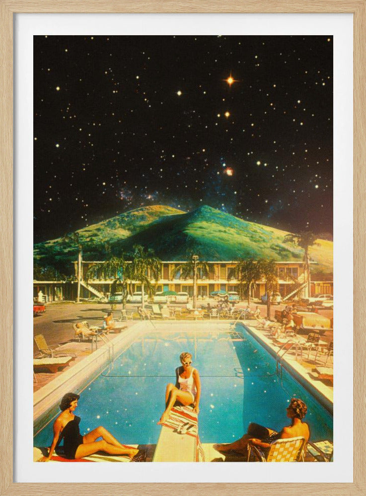 A surreal collage featuring a vintage scene of people lounging by a motel pool, juxtaposed against a backdrop of a massive green mountain and a dark, star-filled night sky. Wall Art