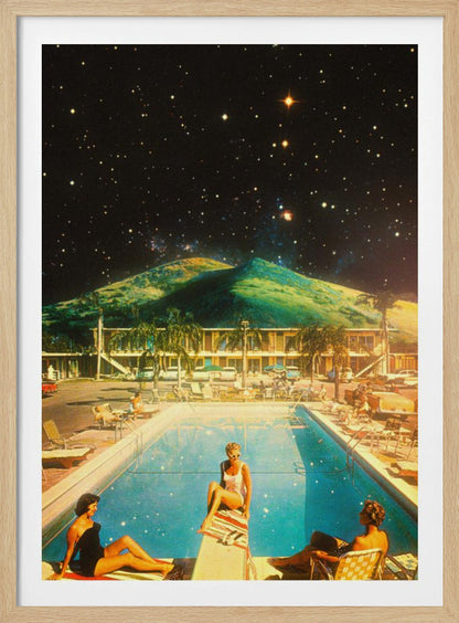 A surreal collage featuring a vintage scene of people lounging by a motel pool, juxtaposed against a backdrop of a massive green mountain and a dark, star-filled night sky. Wall Art