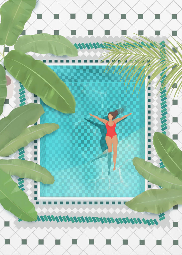 An aerial view illustration of a woman in a red swimsuit floating peacefully on her back in a bright turquoise swimming pool. The pool is surrounded by large green tropical leaves and a white tiled patio, all within a black frame. Wall Art