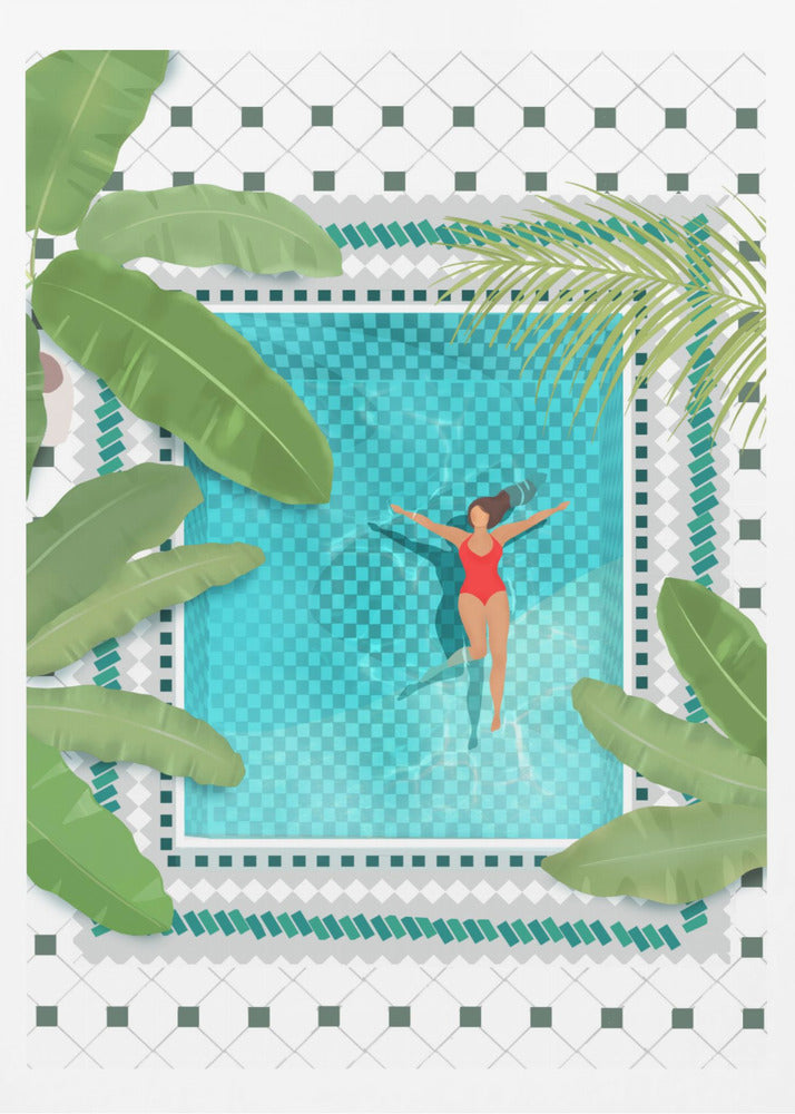 An aerial view illustration of a woman in a red swimsuit floating peacefully on her back in a bright turquoise swimming pool. The pool is surrounded by large green tropical leaves and a white tiled patio, all within a black frame. Wall Art