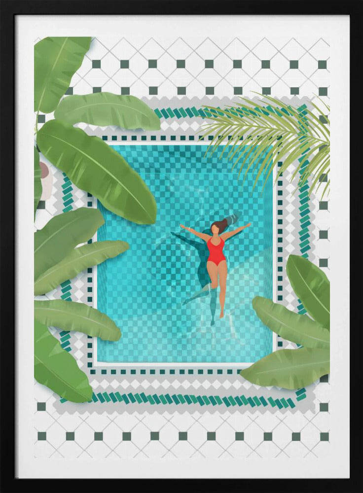 An aerial view illustration of a woman in a red swimsuit floating peacefully on her back in a bright turquoise swimming pool. The pool is surrounded by large green tropical leaves and a white tiled patio, all within a black frame. Wall Art