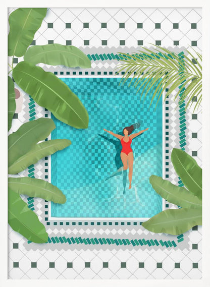 An aerial view illustration of a woman in a red swimsuit floating peacefully on her back in a bright turquoise swimming pool. The pool is surrounded by large green tropical leaves and a white tiled patio, all within a black frame. Wall Art