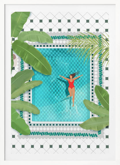 An aerial view illustration of a woman in a red swimsuit floating peacefully on her back in a bright turquoise swimming pool. The pool is surrounded by large green tropical leaves and a white tiled patio, all within a black frame. Wall Art