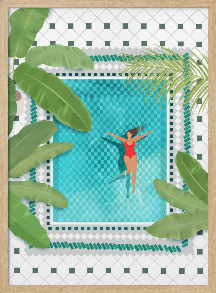 An aerial view illustration of a woman in a red swimsuit floating peacefully on her back in a bright turquoise swimming pool. The pool is surrounded by large green tropical leaves and a white tiled patio, all within a black frame. Wall Art