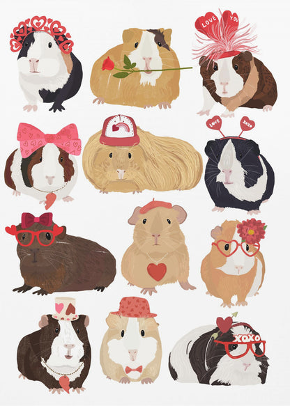 An illustration of twelve cute guinea pigs dressed up for Valentine's Day with accessories like heart-shaped glasses, bows, hats, and roses, arranged on a plain white background. Decor