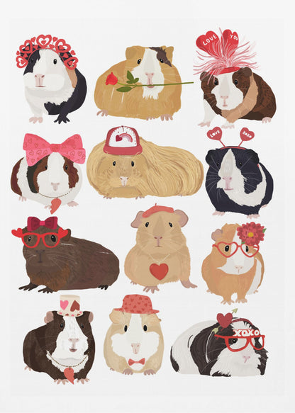 An illustration of twelve cute guinea pigs dressed up for Valentine's Day with accessories like heart-shaped glasses, bows, hats, and roses, arranged on a plain white background. Decor