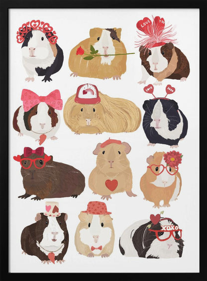 An illustration of twelve cute guinea pigs dressed up for Valentine's Day with accessories like heart-shaped glasses, bows, hats, and roses, arranged on a plain white background. Decor