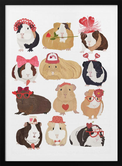 An illustration of twelve cute guinea pigs dressed up for Valentine's Day with accessories like heart-shaped glasses, bows, hats, and roses, arranged on a plain white background. Decor