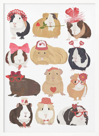 An illustration of twelve cute guinea pigs dressed up for Valentine's Day with accessories like heart-shaped glasses, bows, hats, and roses, arranged on a plain white background. Decor