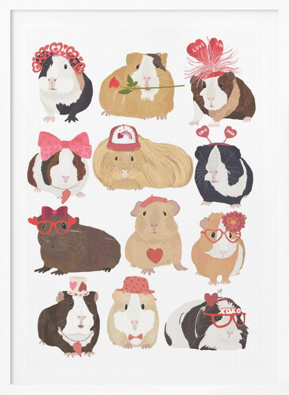 An illustration of twelve cute guinea pigs dressed up for Valentine's Day with accessories like heart-shaped glasses, bows, hats, and roses, arranged on a plain white background. Decor