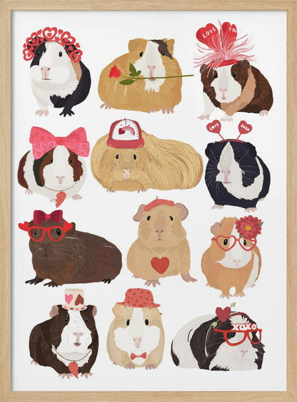 An illustration of twelve cute guinea pigs dressed up for Valentine's Day with accessories like heart-shaped glasses, bows, hats, and roses, arranged on a plain white background. Decor