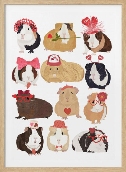 An illustration of twelve cute guinea pigs dressed up for Valentine's Day with accessories like heart-shaped glasses, bows, hats, and roses, arranged on a plain white background. Decor