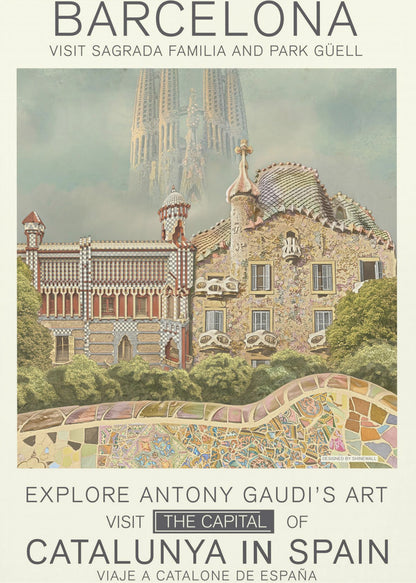 A vintage-style travel poster for Barcelona, featuring the intricate, mosaic-covered architecture of Park Güell in the foreground. In the hazy background, the spires of the Sagrada Familia rise into the sky. Text at the top and bottom invites viewers to visit these Antoni Gaudí landmarks in the capital of Catalunya, Spain. Wall Art
