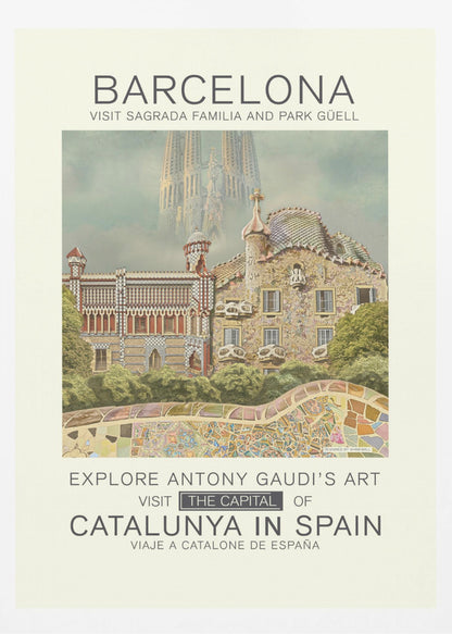 A vintage-style travel poster for Barcelona, featuring the intricate, mosaic-covered architecture of Park Güell in the foreground. In the hazy background, the spires of the Sagrada Familia rise into the sky. Text at the top and bottom invites viewers to visit these Antoni Gaudí landmarks in the capital of Catalunya, Spain. Wall Art