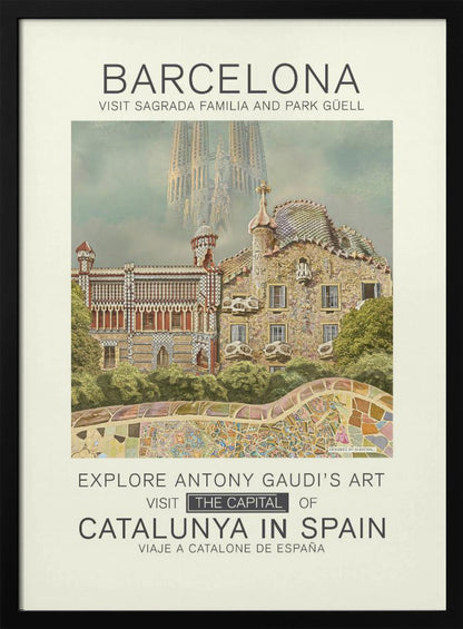 A vintage-style travel poster for Barcelona, featuring the intricate, mosaic-covered architecture of Park Güell in the foreground. In the hazy background, the spires of the Sagrada Familia rise into the sky. Text at the top and bottom invites viewers to visit these Antoni Gaudí landmarks in the capital of Catalunya, Spain. Wall Art